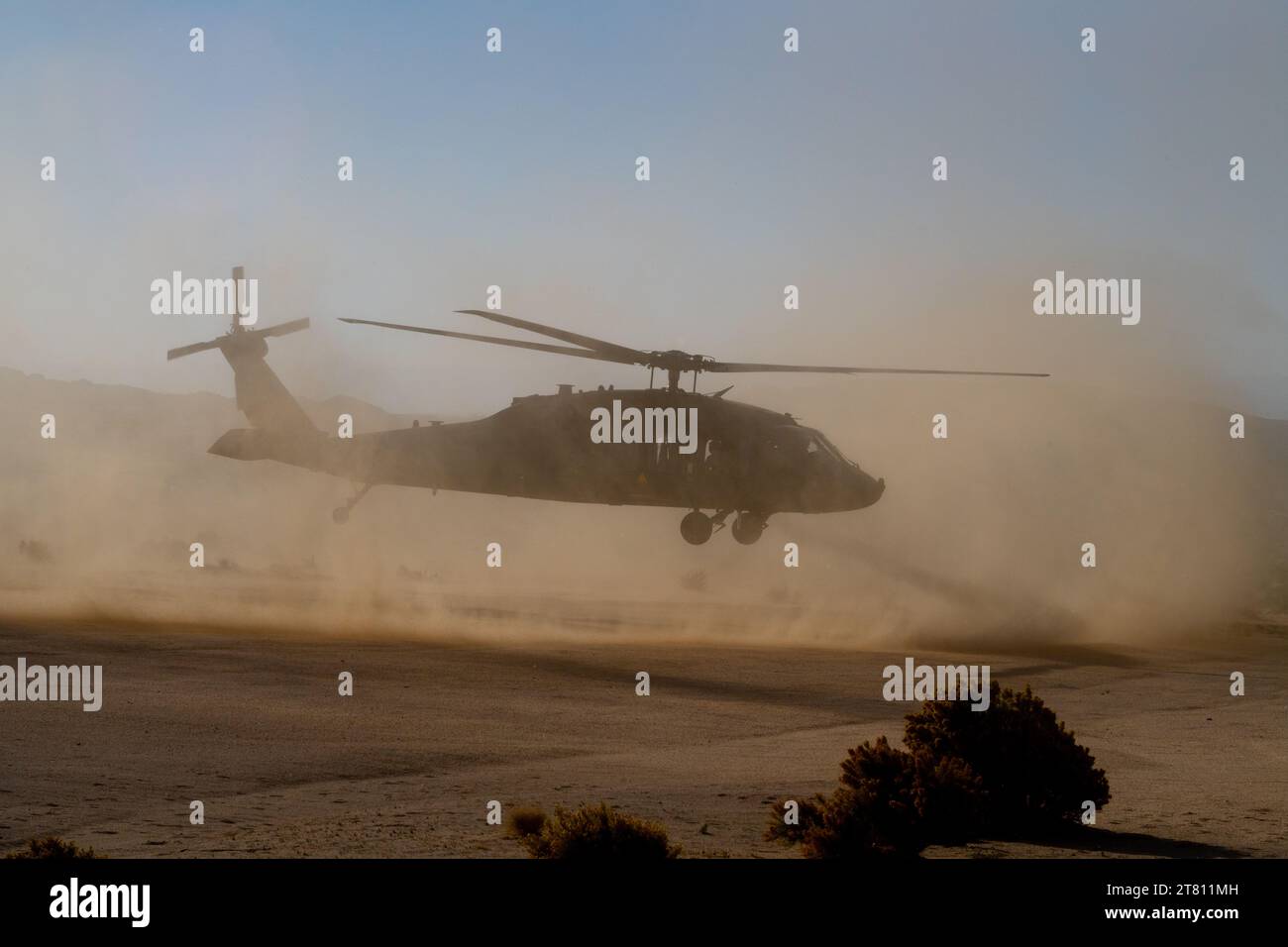 Gli elicotteri Blackhawk dell'esercito degli Stati Uniti sollevano nuvole di sabbia e polvere mentre eseguono manovre nel deserto della California vicino a Fort Irwin. Foto Stock
