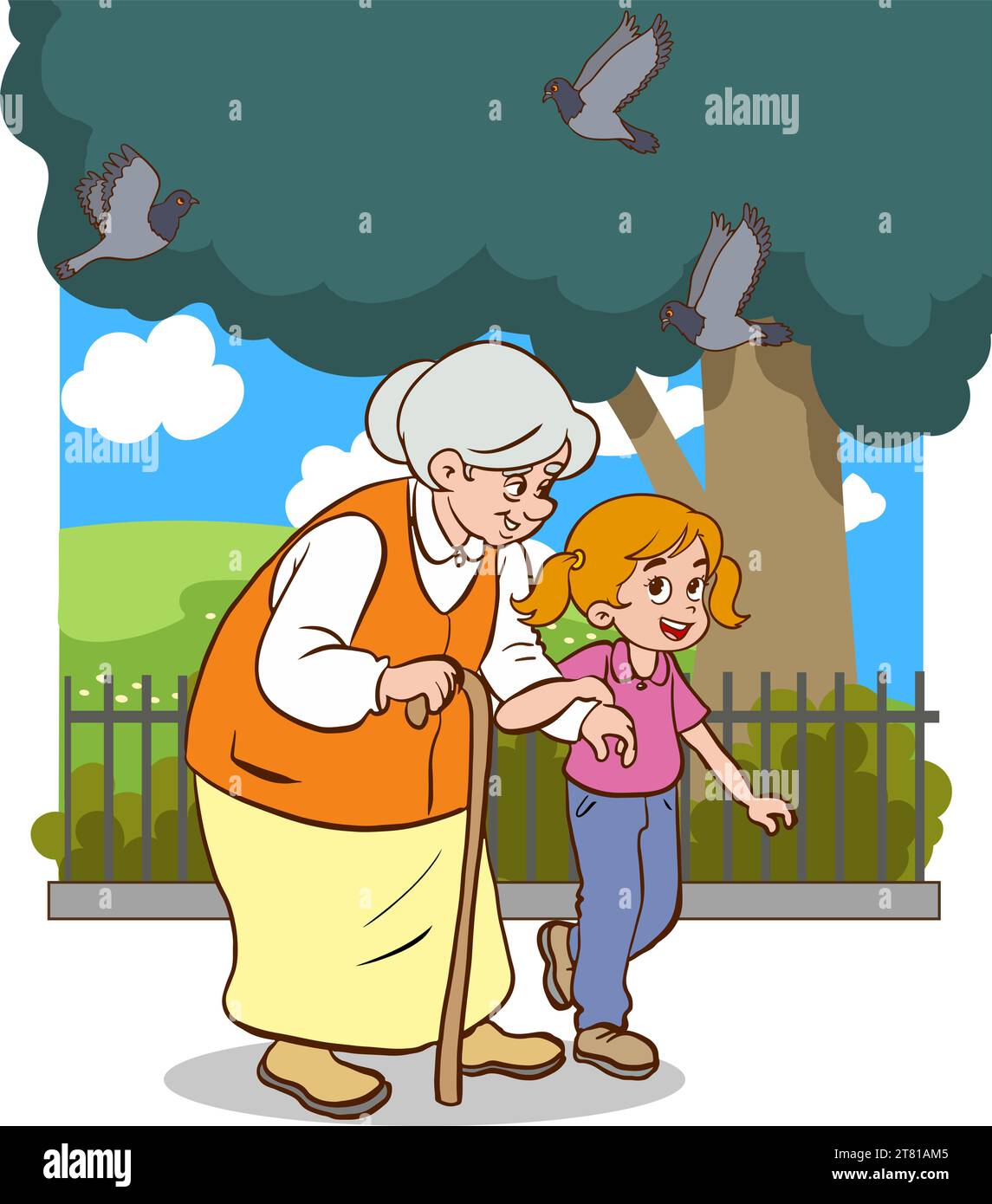 bambino che aiuta la vecchia donna. la vecchia e il bambino che camminano sul vettore di cartoni animati crosswalk Illustrazione Vettoriale