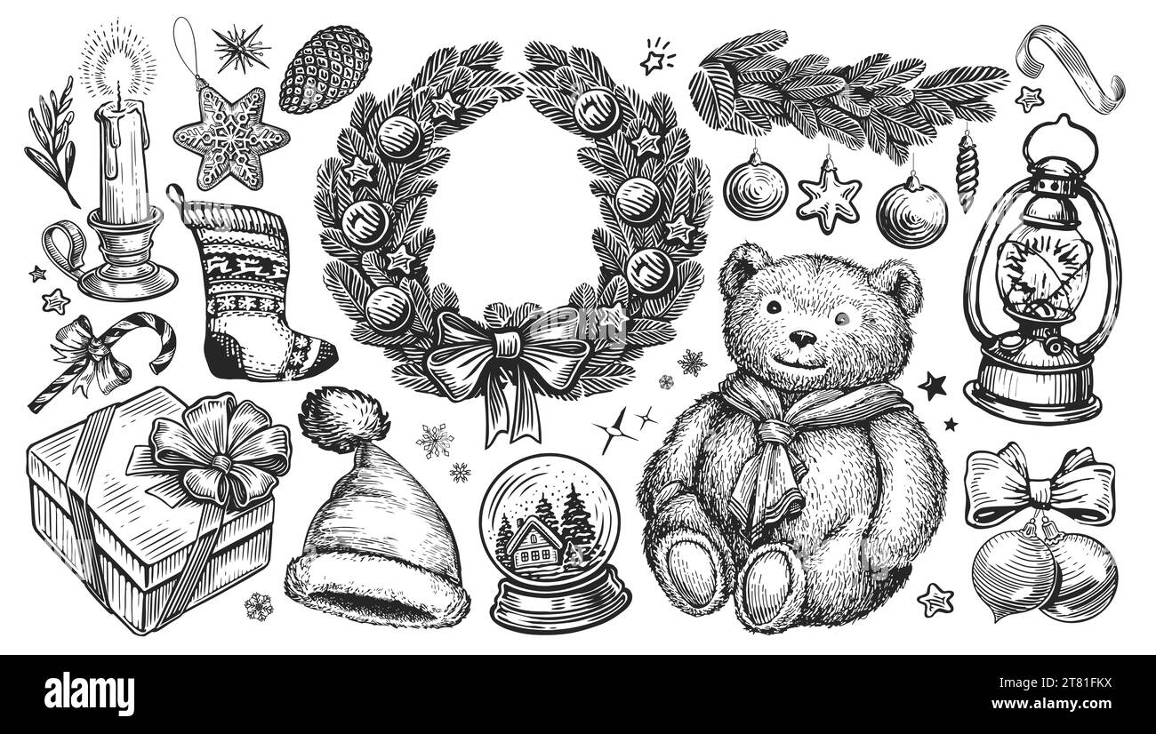 Concetto di buone feste, sketch. Illustrazione disegnata a mano per la decorazione di Natale o Capodanno Foto Stock