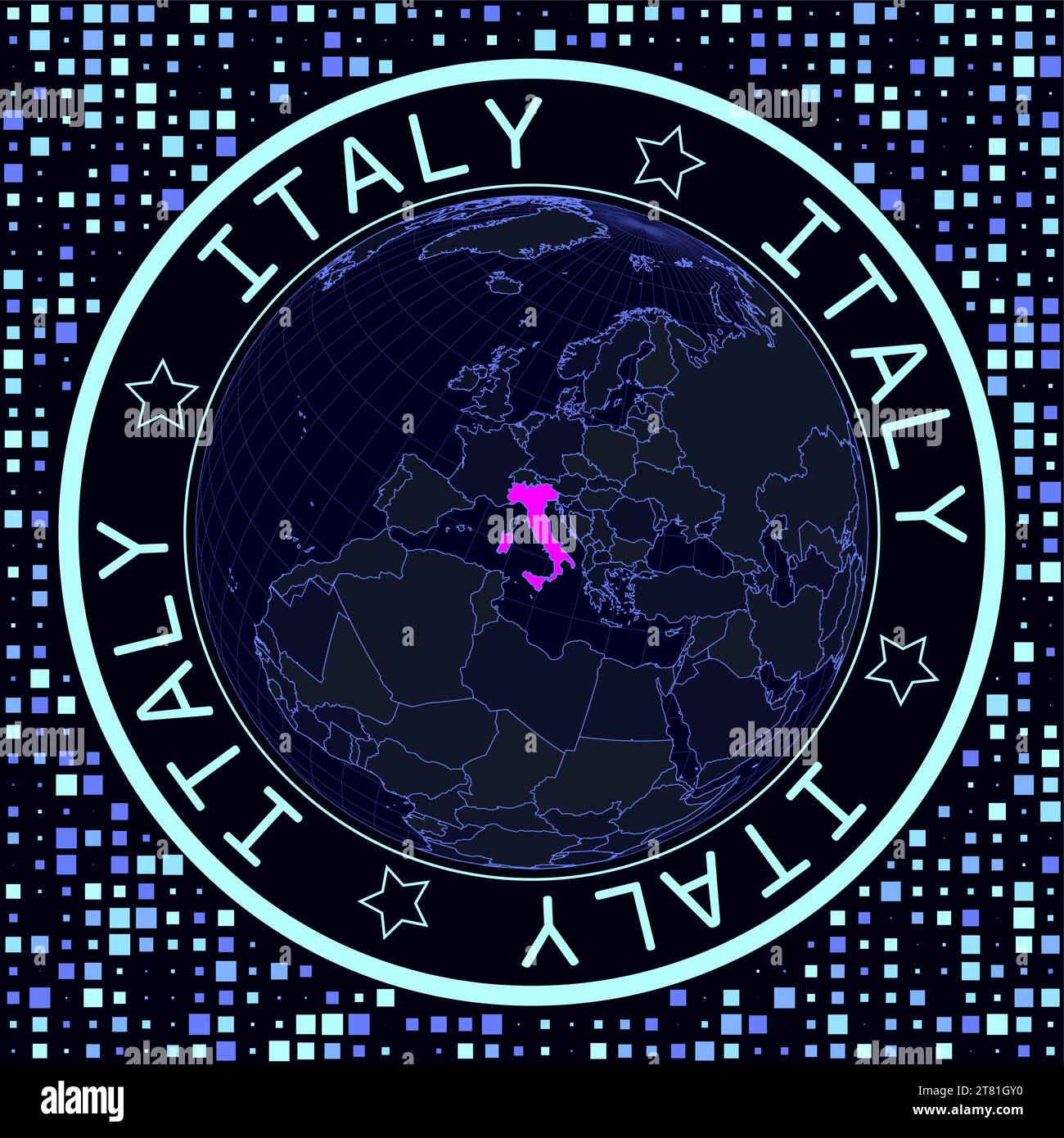 Italia su vettore globale. Futuristica visione satellitare del mondo incentrata sull'Italia. Illustrazione Vettoriale