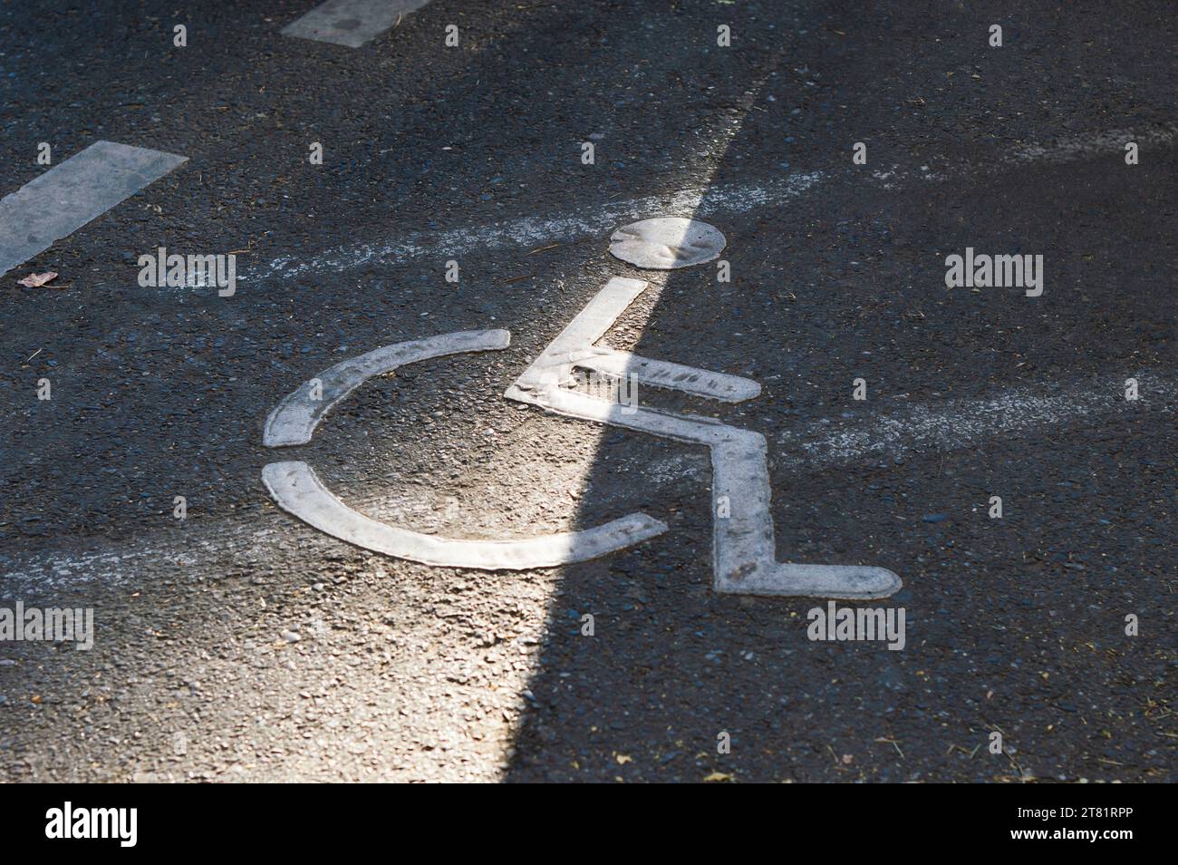 Cartello bianco per sedie a rotelle su un parcheggio asfaltato, indicante il posto riservato alle persone disabili Foto Stock