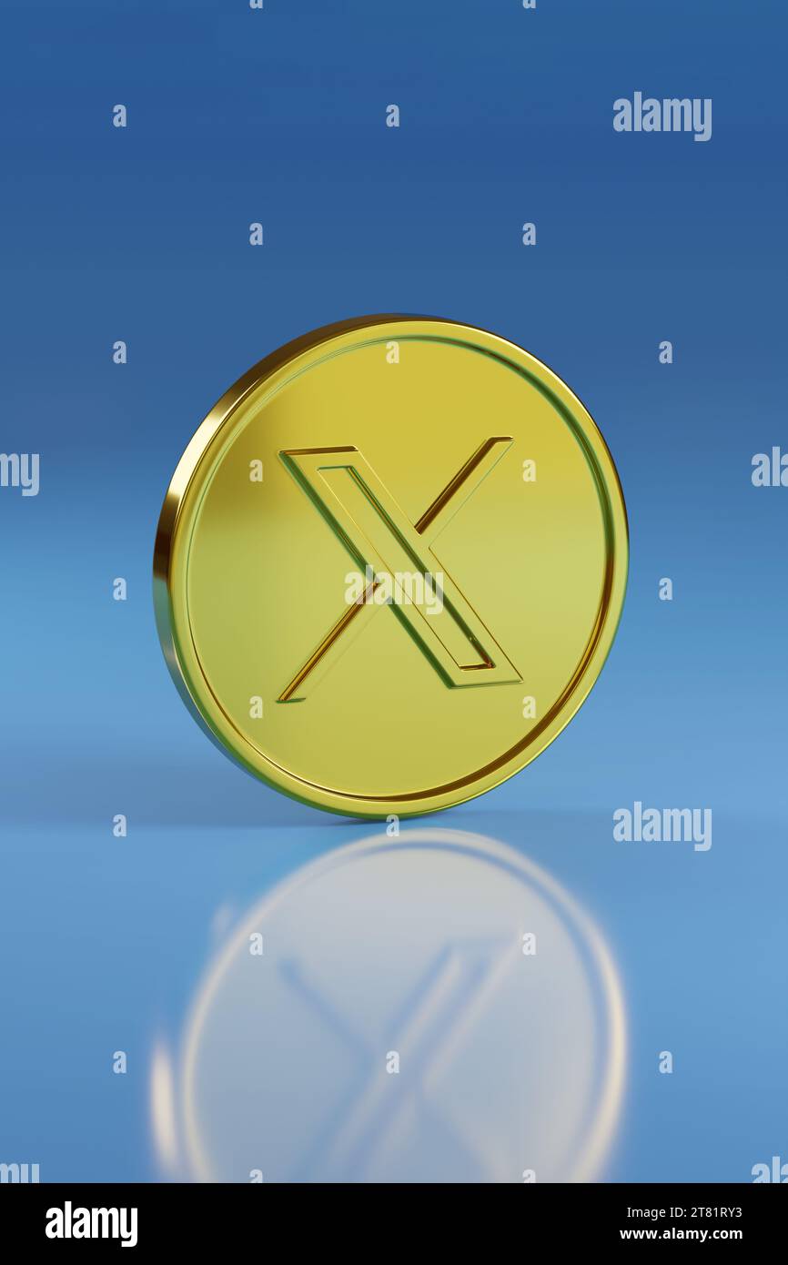 Buenos Aires, Argentina - 7 novembre 2023: Twitter (nuovo logo) moneta d'oro isolata su sfondo blu. illustrazione 3d. Foto Stock