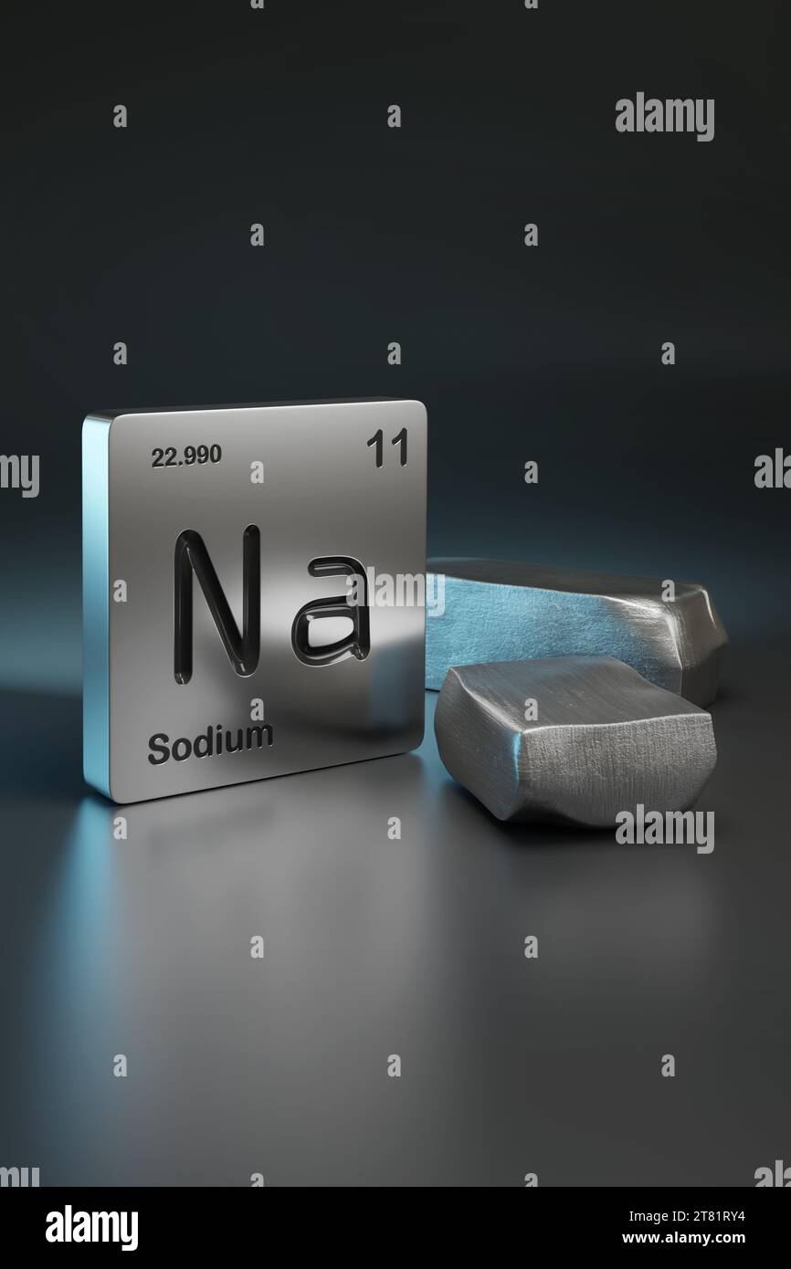 Simbolo dell'elemento di sodio dalla tabella periodica vicino al sodio metallico. illustrazione 3d. Foto Stock