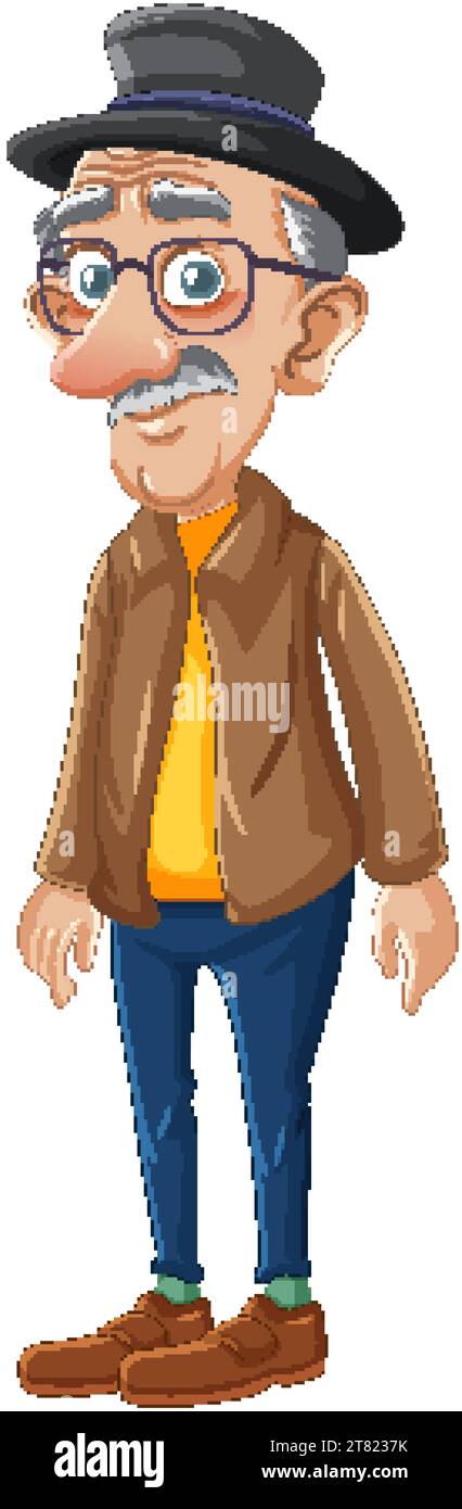 Un adorabile personaggio dei cartoni animati di un vecchio nonno che indossa un cappello e degli occhiali Illustrazione Vettoriale