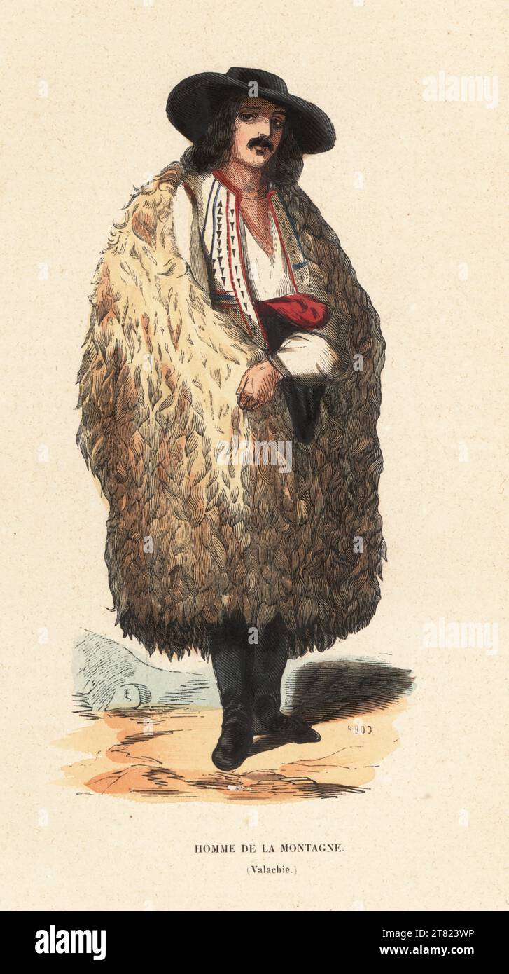 Uomo delle montagne della Valacchia (Romania). Cappello a coste larghe, mantello in pelliccia grande, gilet ricamato, cintura a fascia, stivali. Homme de la Montagne (Valachie). Tagliato a mano di Cobb dopo un'illustrazione di TS da Moeurs, Usages et Costumes de tous les Peuples du Monde di Auguste Wahlen (maniere, dogane e costumi di tutti i popoli del mondo) Librairie Historique-Artistique, Bruxelles, 1845. Foto Stock