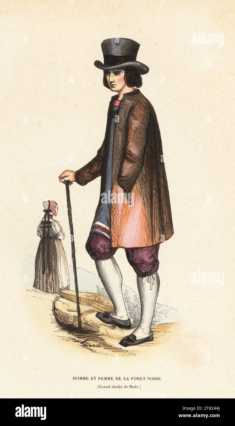 Uomo e donna della Foresta Nera (Granducato di Baden), Germania. Uomo con cappello, cappotto, tunica, calzini, maniche e scarpe. Homme et femme de la Foret-Noire (Grand-duche de Bade). Legno lavorato a mano da Moeurs, Usages et Costumes de tous les Peuples du Monde di Auguste Wahlen, Librairie Historique-Artistique, Bruxelles, 1845. Foto Stock