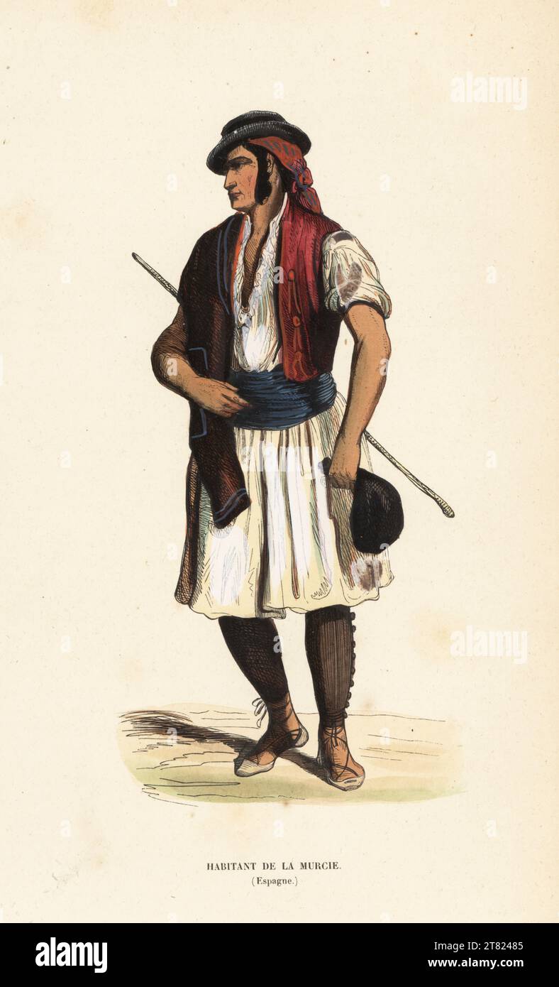 Uomo della provincia di Murcia, Spagna, XIX secolo. In berretto con bandanna, gilet, camice, cintura a fascia, ghette, sandali, con scialle manton sulle spalle. Habitant de la Murcie (Espagne). Legno lavorato a mano da Moeurs, Usages et Costumes de tous les Peuples du Monde di Auguste Wahlen, Librairie Historique-Artistique, Bruxelles, 1845. Foto Stock