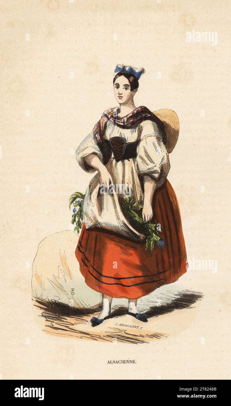 Donna d'Alsazia, Francia, XIX secolo. In cappello di paglia, scialle, blusa, corpetto, gonna intera, il suo grembiule pieno di fiori. Alsacienne. Legname colorato a mano di L. Markaert dopo TS from Auguste Wahlen's Moeurs, Usages et Costumes de tous les Peuples du Monde, Librairie Historique-Artistique, Bruxelles, 1845. Foto Stock