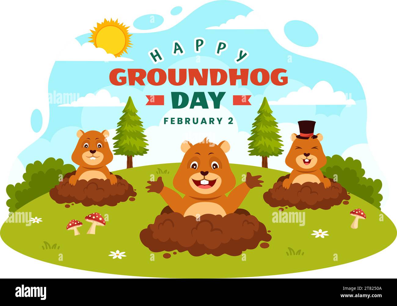 Happy Groundhog Day Vector Illustration il 2 febbraio con un animale da focolare è emerso da The Hole Land and Garden in background Cartoon Design Illustrazione Vettoriale