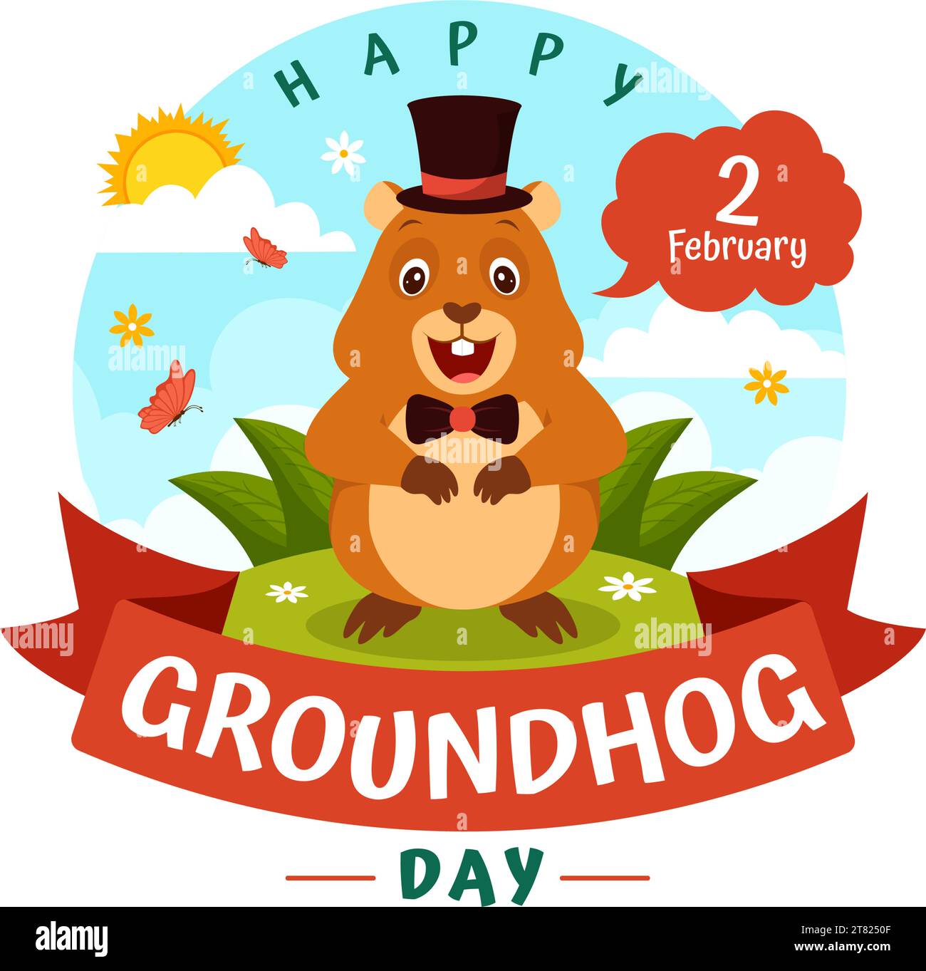 Happy Groundhog Day Vector Illustration il 2 febbraio con un animale da focolare è emerso da The Hole Land and Garden in background Cartoon Design Illustrazione Vettoriale