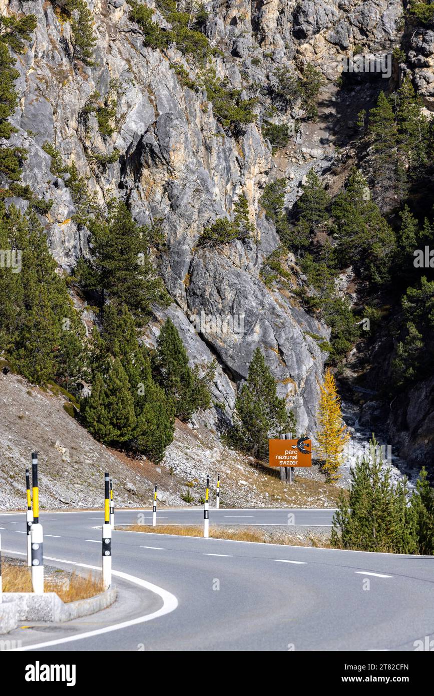Strada di accesso al Parco Nazionale Svizzero, Zernez, Engadin, Graubuenden, Svizzera Foto Stock