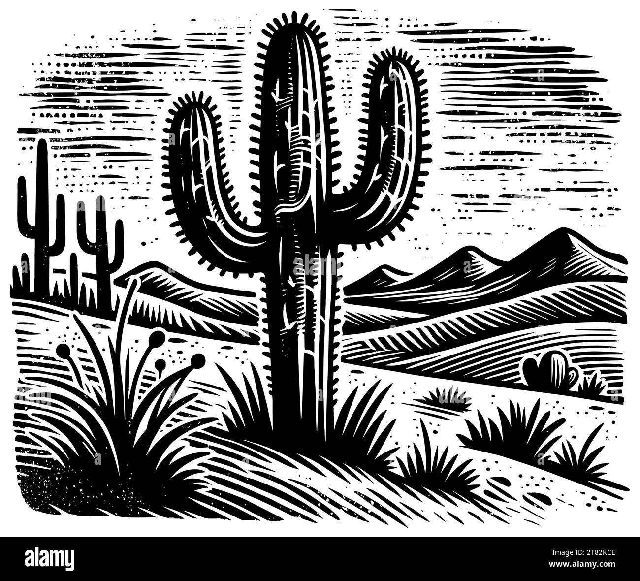 Cactus Saguaro nel deserto, stampa linocut, bianco e nero. Illustrazione Vettoriale