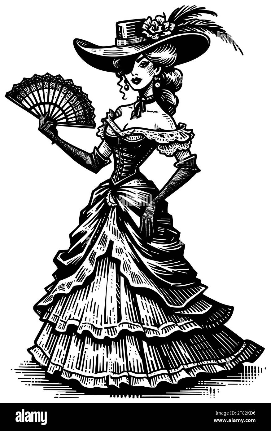 Illustrazione in stile Linocut di una bella donna del selvaggio West americano. Illustrazione Vettoriale