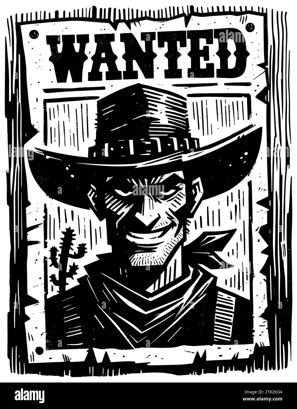 Poster Wanted in stile xilografico, con un sorridente fuorilegge in cappello da cowboy. Illustrazione Vettoriale