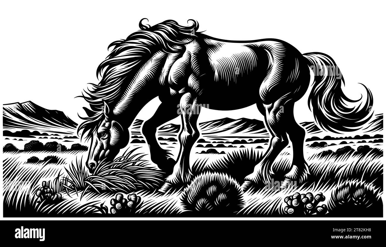 Illustrazione in stile Linocut di un mustang selvaggio che pascolava in un paesaggio panoramico. Illustrazione Vettoriale