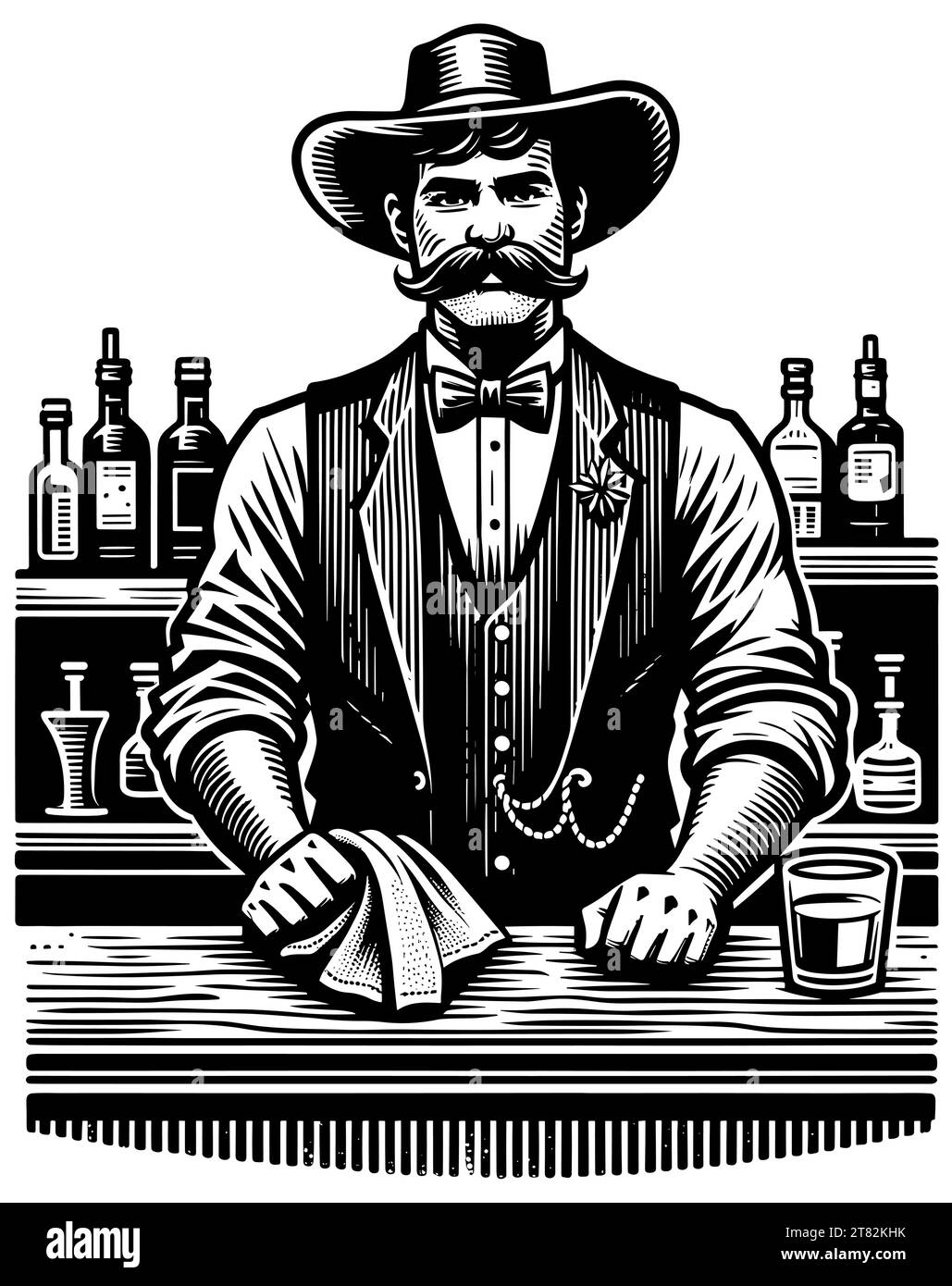 Barista con baffi dietro la sbarra con bottiglie in legno. Illustrazione Vettoriale