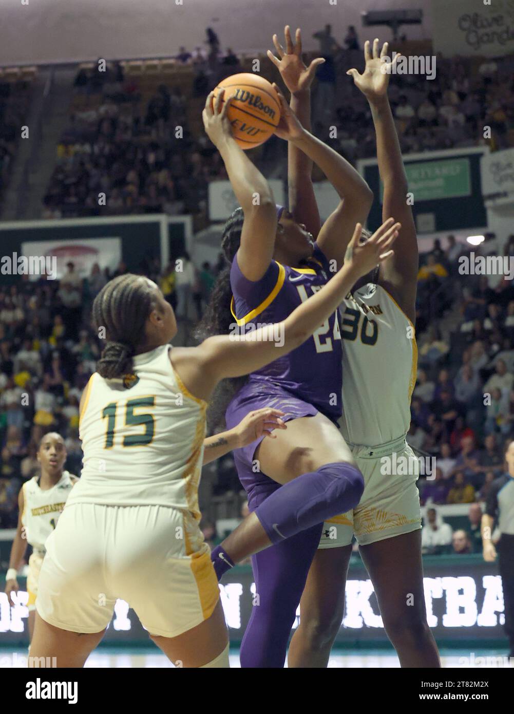 Hammond, USA. 17 novembre 2023. LSU Lady Tigers guardia Aneesah Morrow (24) spara un layup contro se Louisiana Lady Lions attaccante Cheyanne Daniels (30) e guardia Daija Harvey (15) durante una partita di basket femminile al college presso l'University Center di Hammond, Louisiana, venerdì 17 novembre 2023. (Foto di Peter G. Forest/Sipa USA) credito: SIPA USA/Alamy Live News Foto Stock