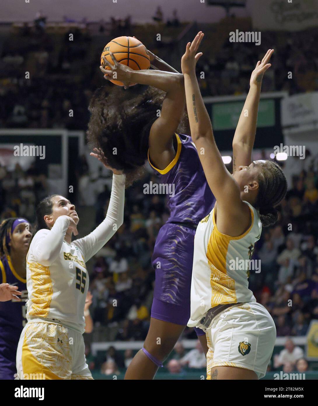 Hammond, USA. 17 novembre 2023. LSU Lady Tigers Guard Flau'jae Johnson (4) spara un salto nella vernice contro se Louisiana Lady Lions Guard Daija Harvey (15) durante una partita di basket femminile al college presso l'University Center di Hammond, Louisiana, venerdì 17 novembre 2023. (Foto di Peter G. Forest/Sipa USA) credito: SIPA USA/Alamy Live News Foto Stock