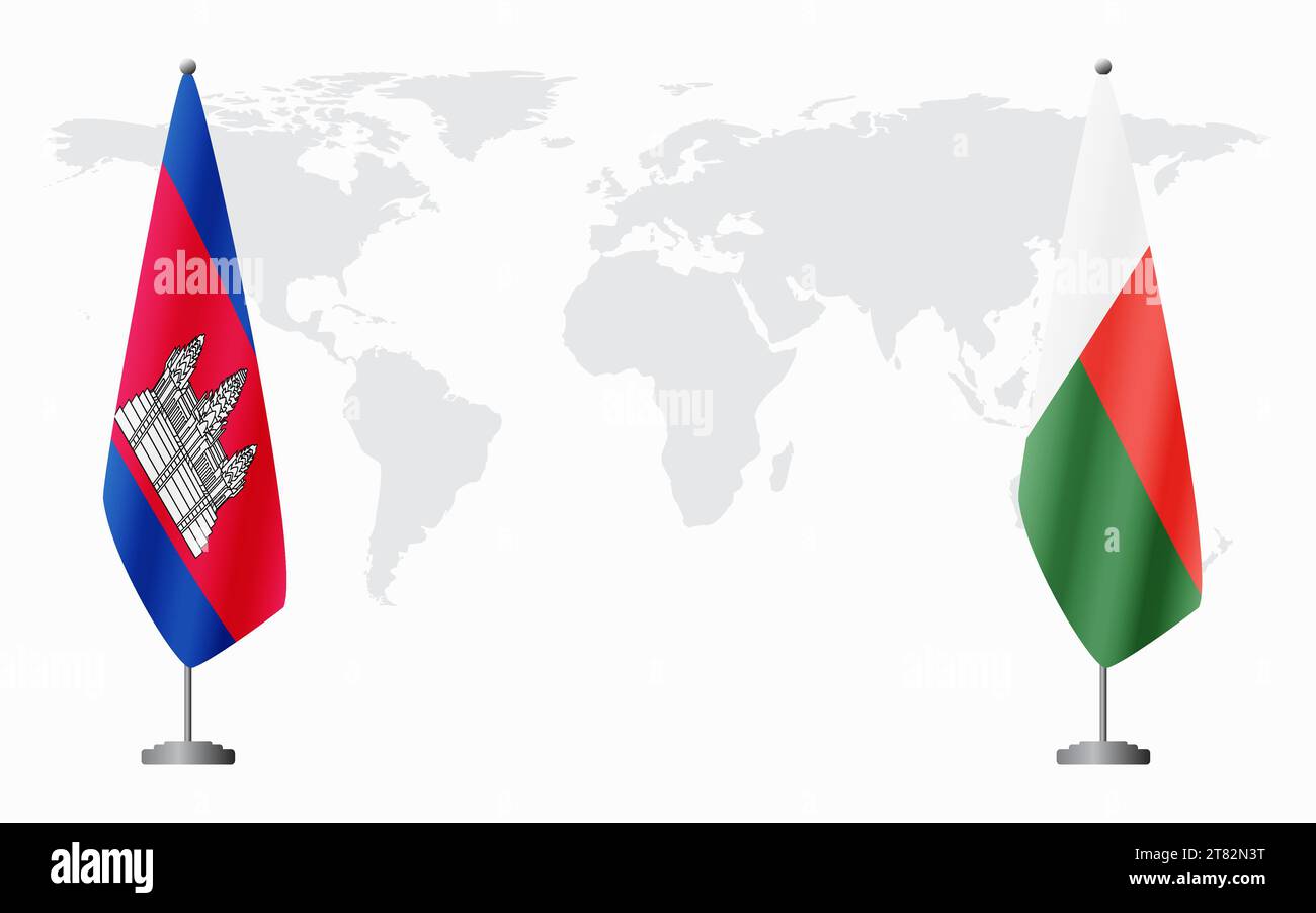 Cambogia e Madagascar bandiere per un incontro ufficiale sullo sfondo della mappa mondiale. Illustrazione Vettoriale