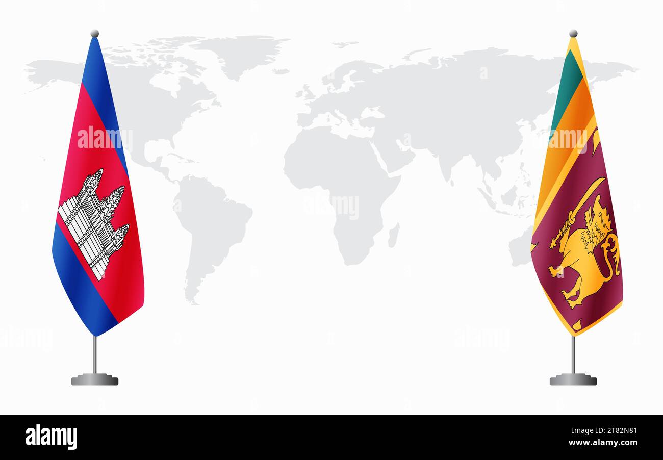 Bandiere della Cambogia e dello Sri Lanka per incontri ufficiali sullo sfondo della mappa mondiale. Illustrazione Vettoriale