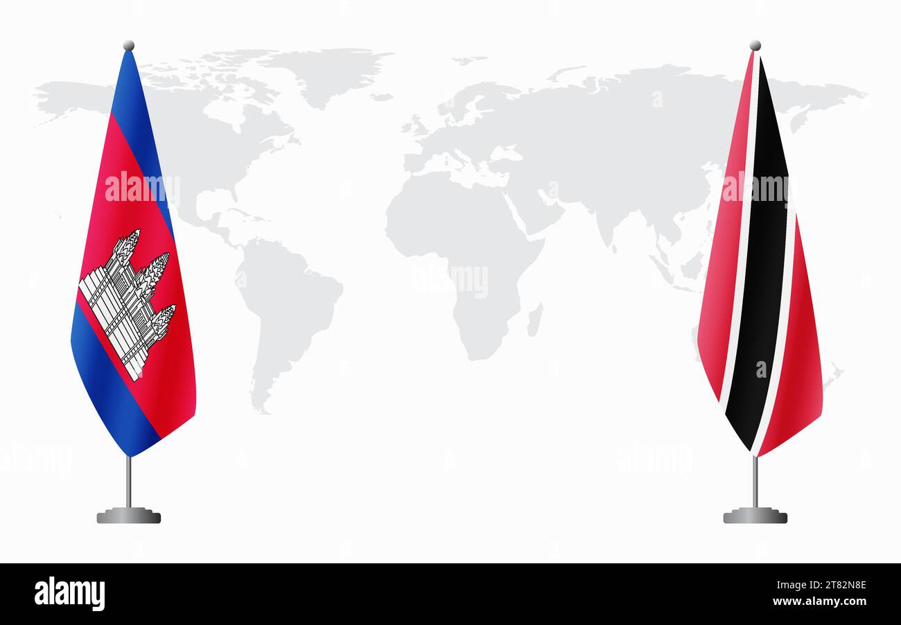 Cambogia, Trinidad e Tobago bandiere per un incontro ufficiale sullo sfondo della mappa mondiale. Illustrazione Vettoriale
