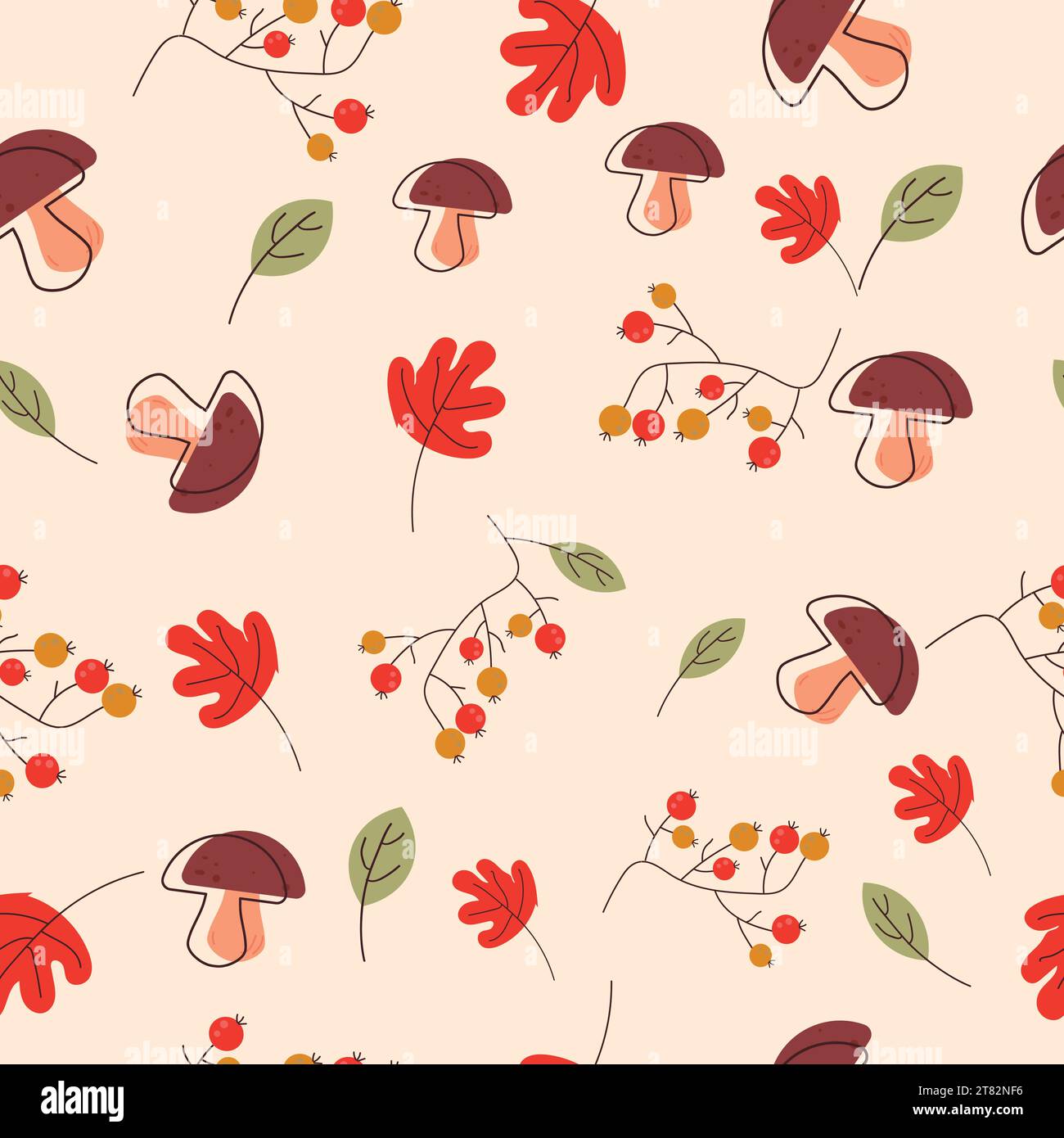 Motivo autunnale senza cuciture con foglie, rowanberry e funghi. Sfondo vettore Illustrazione Vettoriale