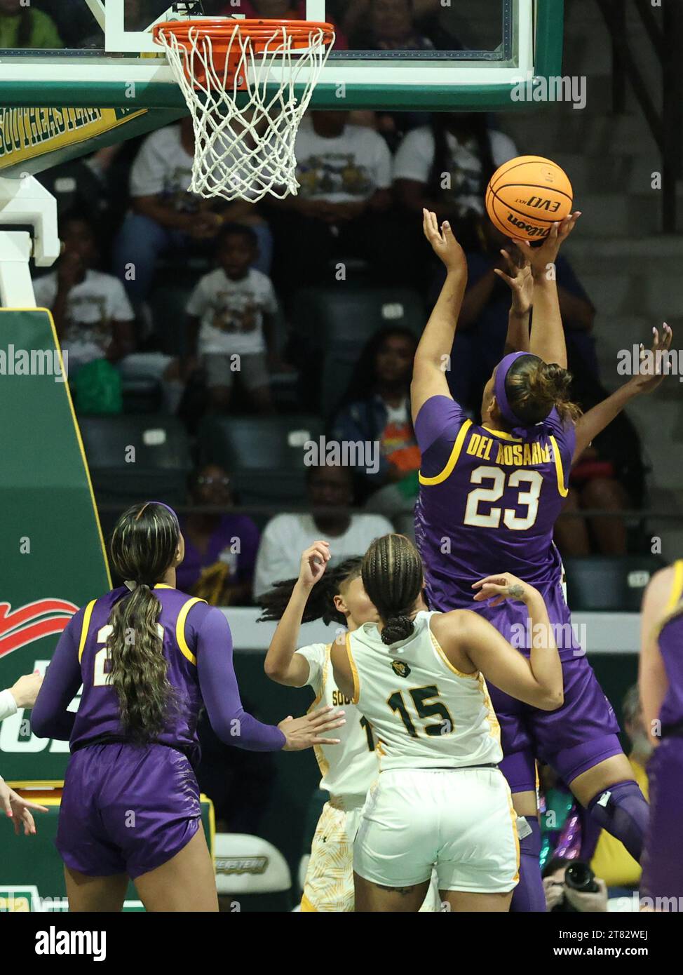 Hammond, USA. 17 novembre 2023. Il centro della LSU Lady Tigers Aalyah del Rosario (23) spara un layup contro la guardia della se Louisiana Lady Lions Daija Harvey (15) durante una partita di basket femminile al college presso l'University Center di Hammond, Louisiana, venerdì 17 novembre 2023. (Foto di Peter G. Forest/Sipa USA) credito: SIPA USA/Alamy Live News Foto Stock