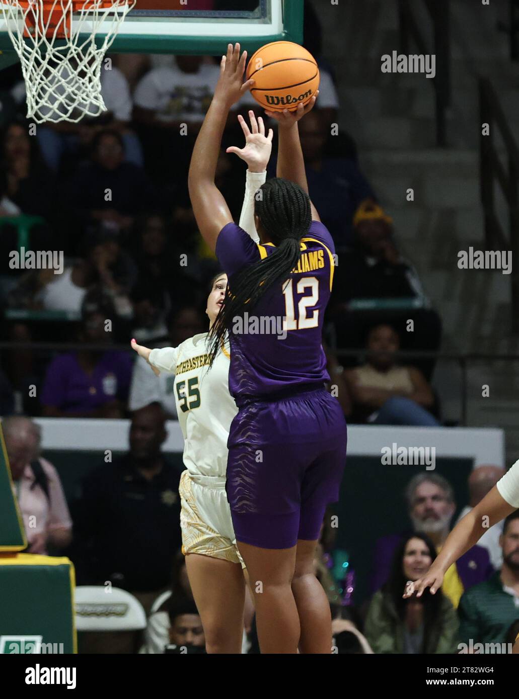 Hammond, USA. 17 novembre 2023. La guardia della LSU Lady Tigers Mikaylah Williams (12) spara un salto sulla guardia della se Louisiana Lady Lions Hailey Giaratano (55) durante una partita di basket femminile al college presso l'University Center di Hammond, Louisiana, venerdì 17 novembre 2023. (Foto di Peter G. Forest/Sipa USA) credito: SIPA USA/Alamy Live News Foto Stock