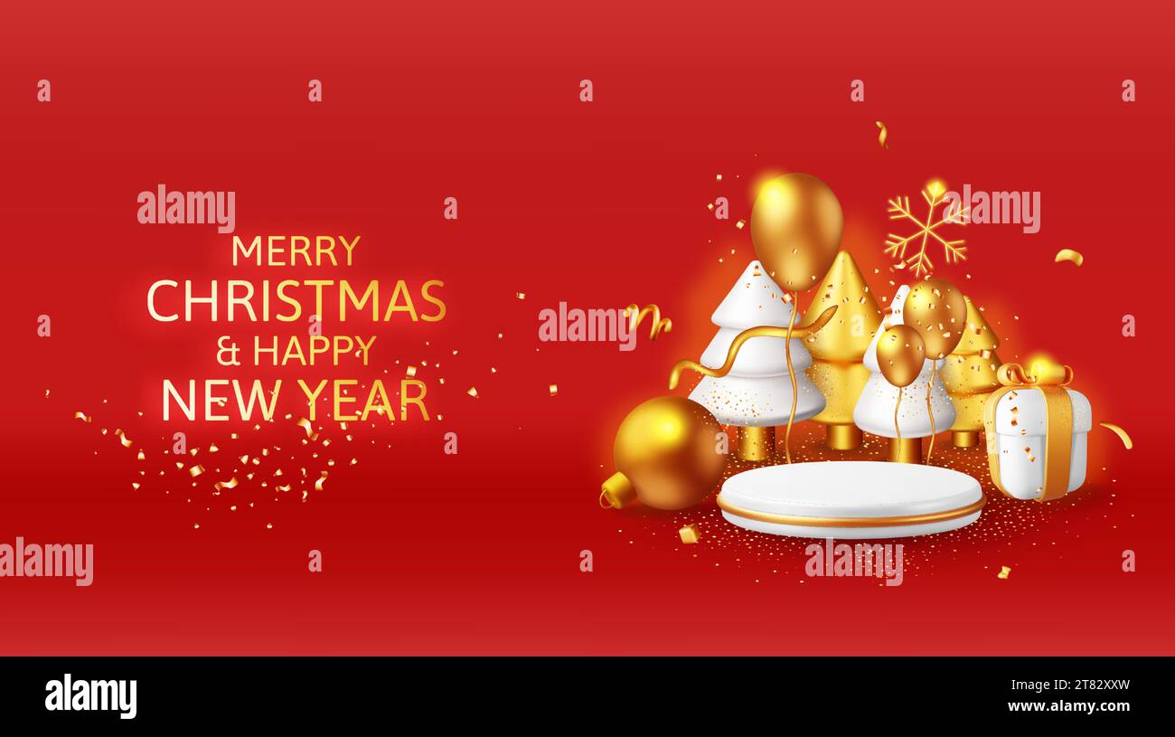 Podio con piedistallo a cilindro 3D e albero di Natale. Illustrazione Vettoriale