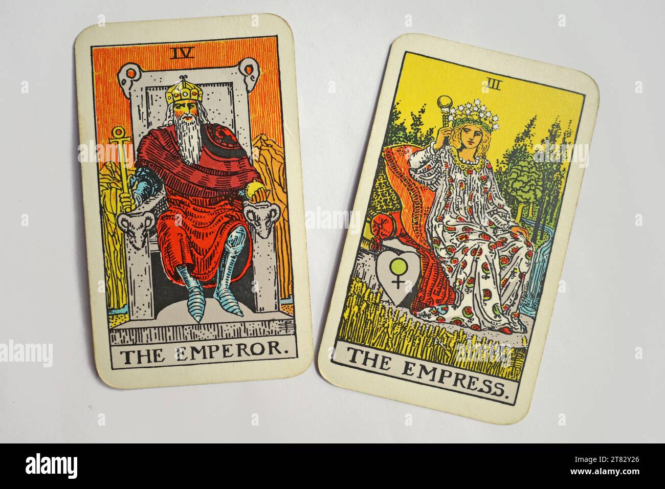 L'Imperatore e l'Imperatrice. Due carte di tarocchi Rider Waite del maggiore Arcana Foto Stock