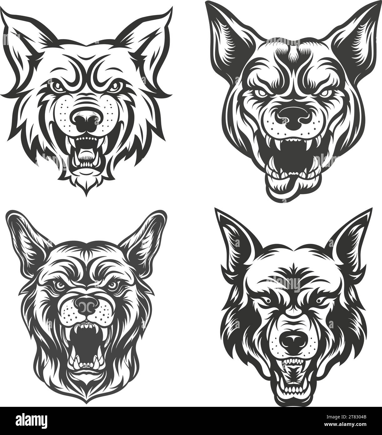 Illustrazione del set di icone della testa di Angry Dog Illustrazione Vettoriale
