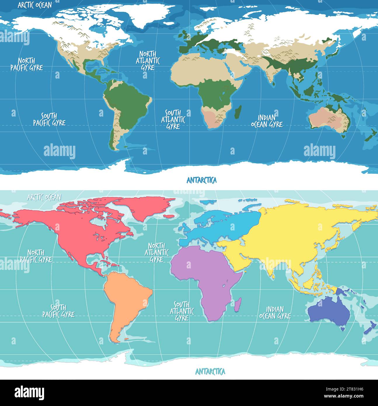 Una colorata illustrazione in stile cartone animato della mappa del mondo fisico e dei continenti Illustrazione Vettoriale