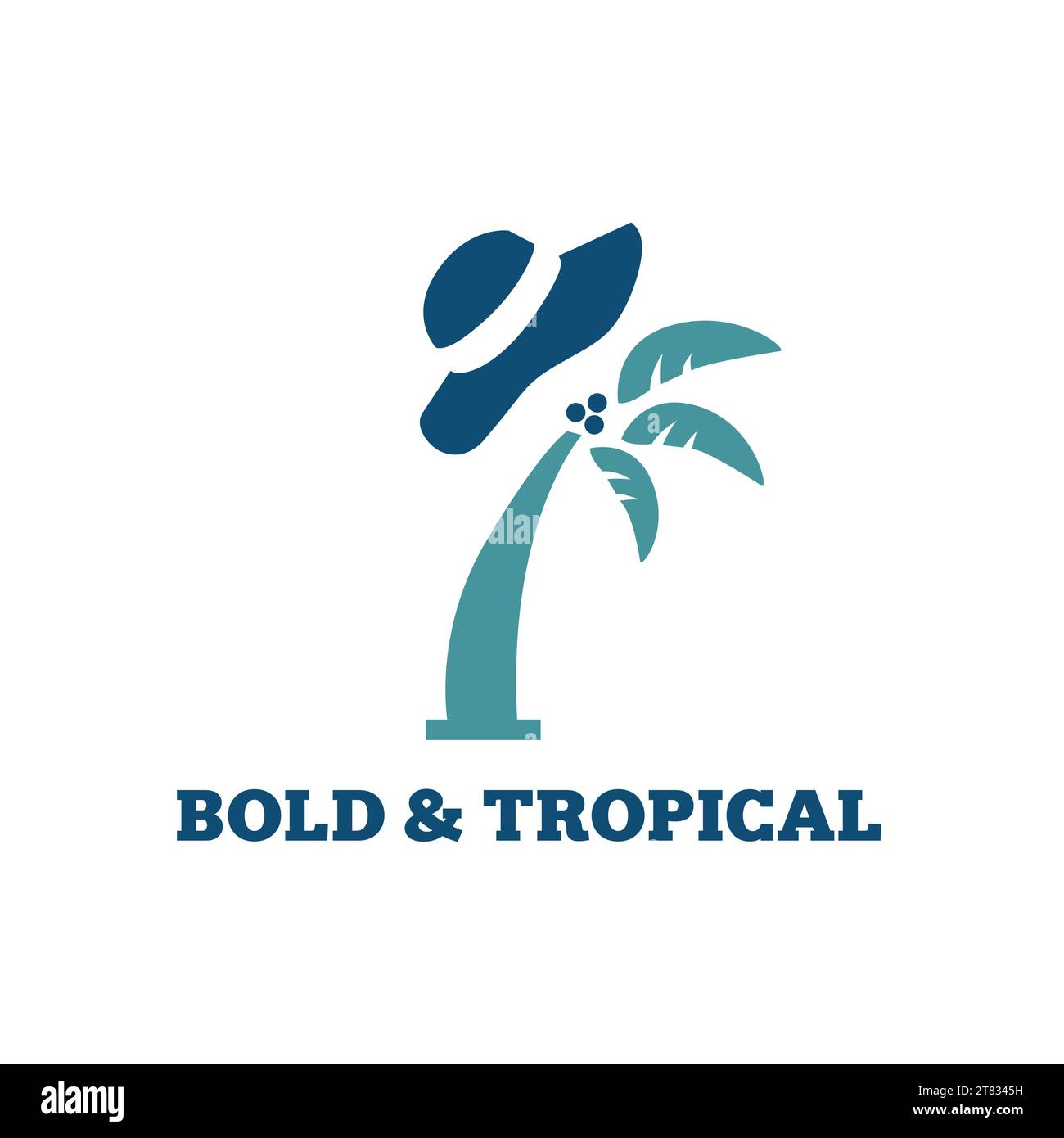 Design del logo del marchio Beach con illustrazione vettoriale di palme e cappello Illustrazione Vettoriale