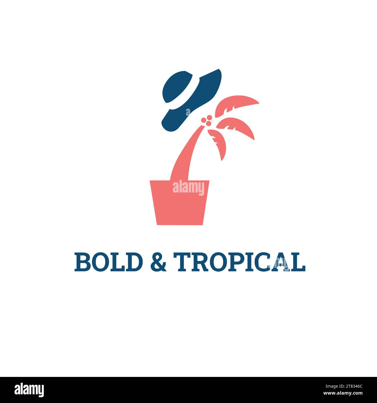 Design del logo del marchio Beach con illustrazione vettoriale di palme e cappello Illustrazione Vettoriale