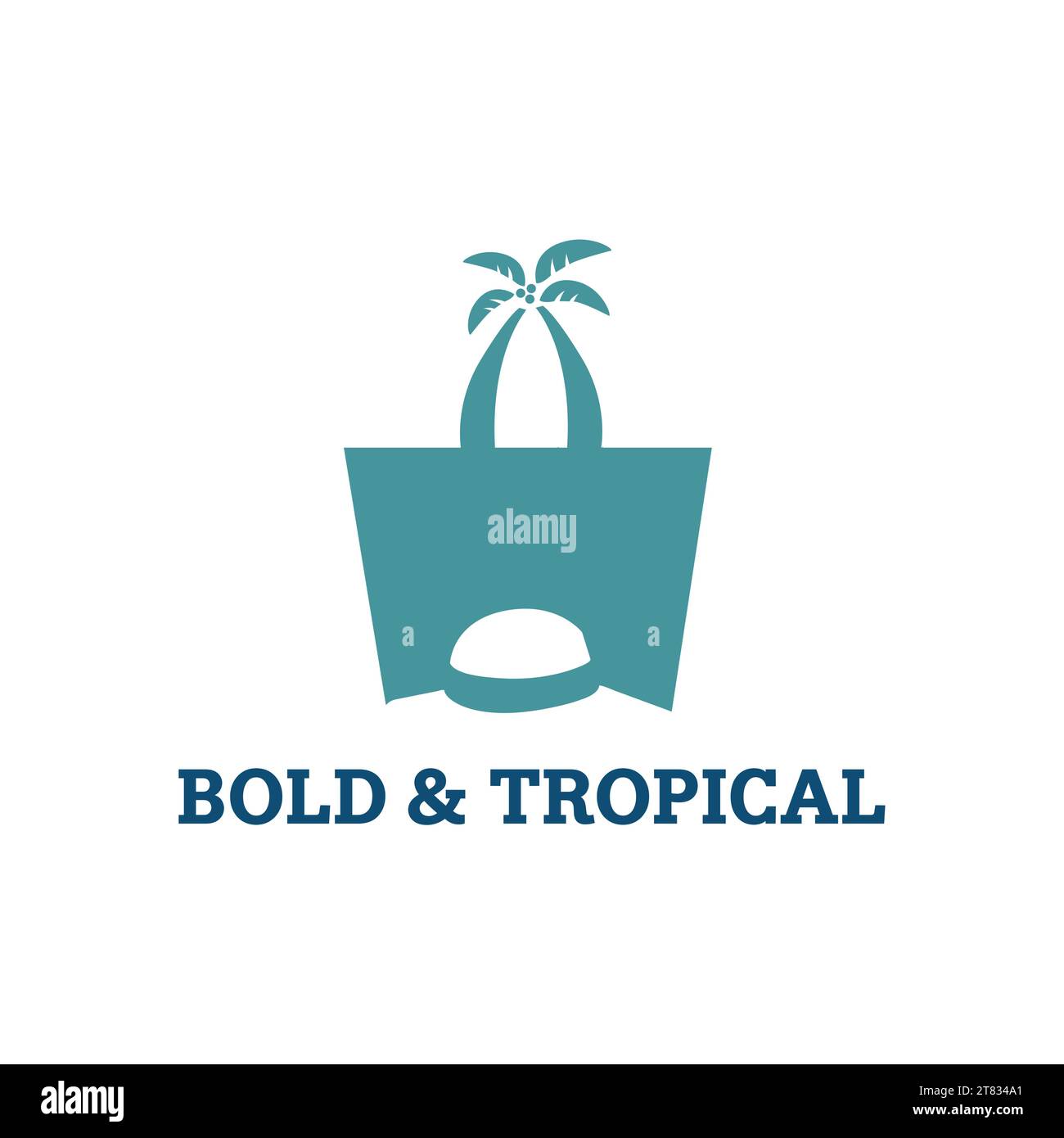 Design con logo del marchio Beach che vende cappelli e borse da viaggio di lusso con illustrazione vettoriale delle palme Illustrazione Vettoriale