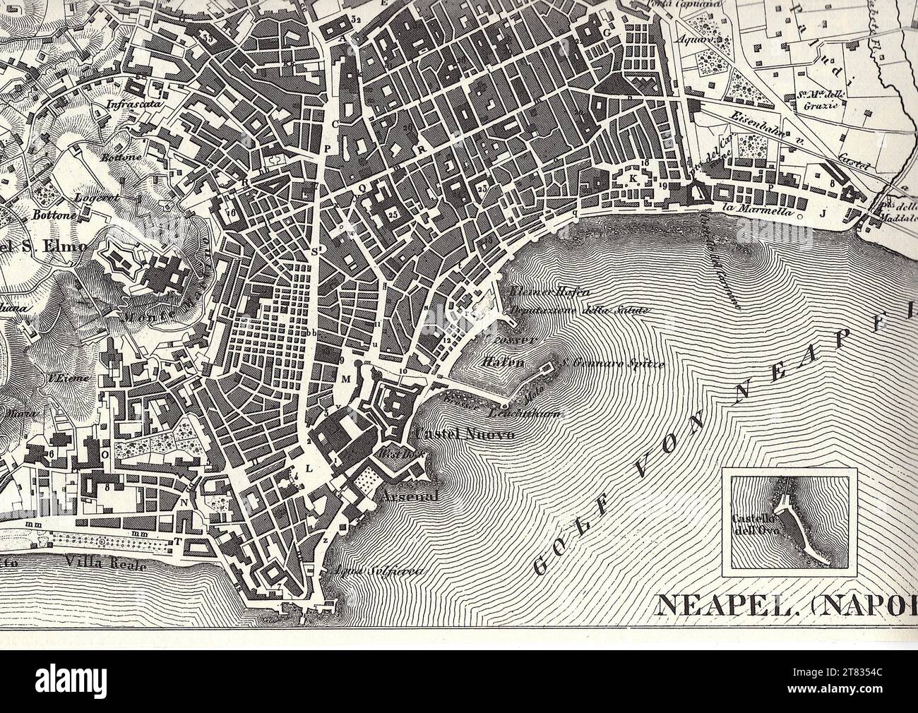 Una mappa antica in bianco e nero della città di Napoli, Italia. Foto Stock