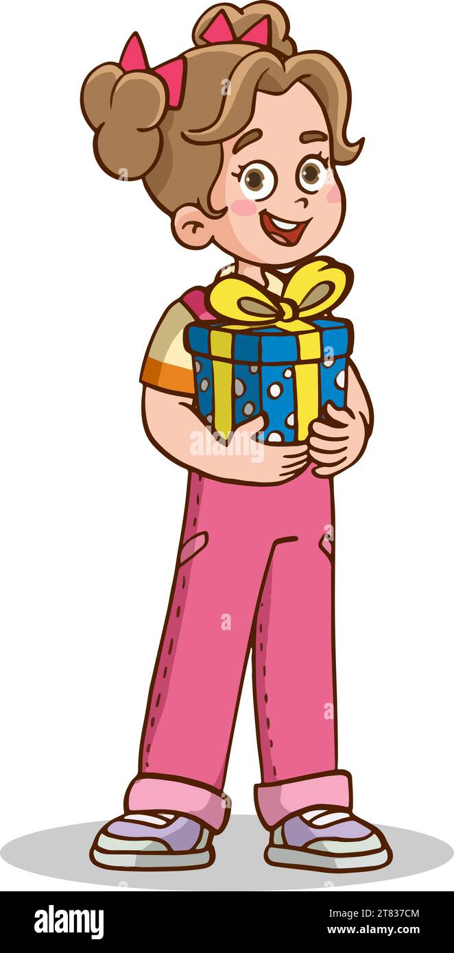 una bambina carina con una confezione regalo in braccio Illustrazione Vettoriale