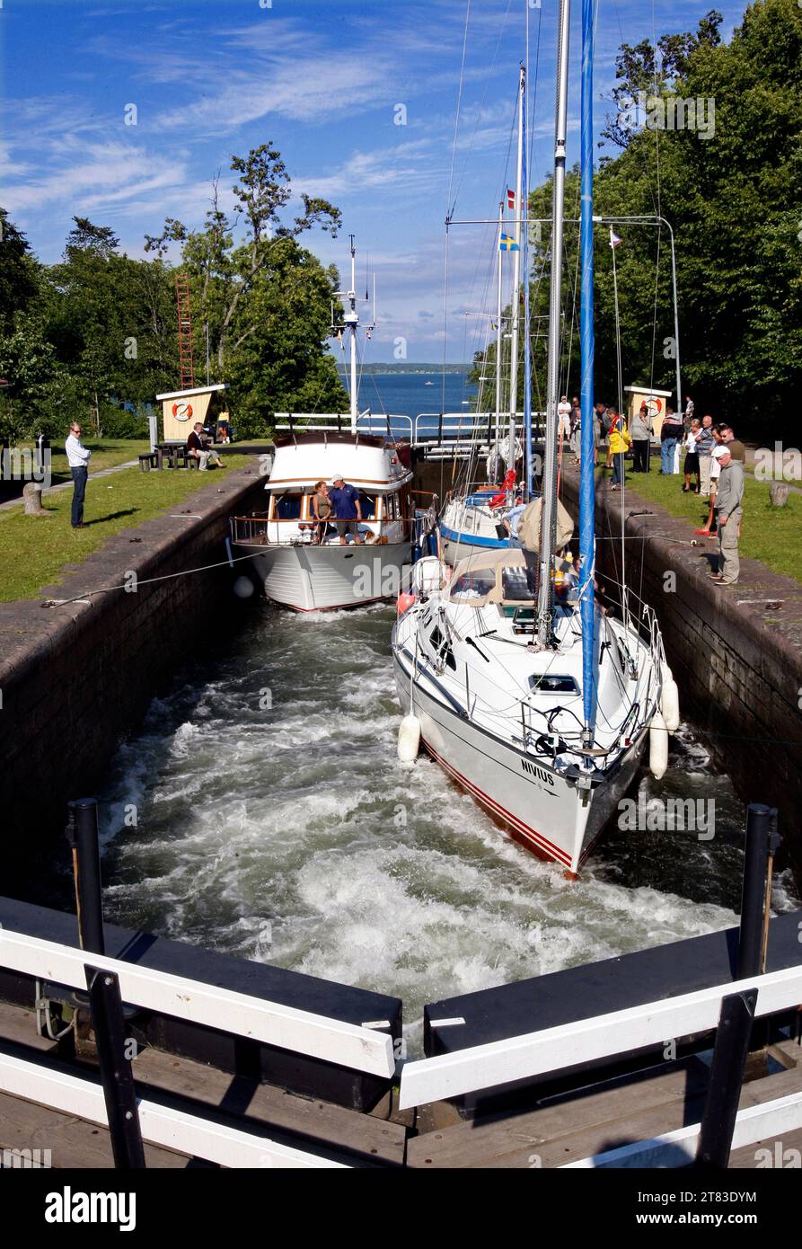 Meteo stagionale, canale Göta, chiuse Borenshult, Motala, Svezia. Foto Stock