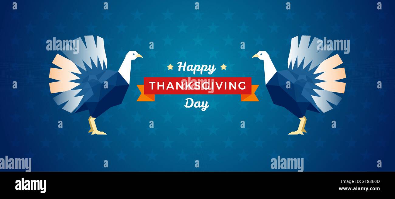 Sfondo vettoriale per striscione del Ringraziamento con graziosi tacchini del Ringraziamento e lettering Happy Thanksgiving Day Illustrazione Vettoriale