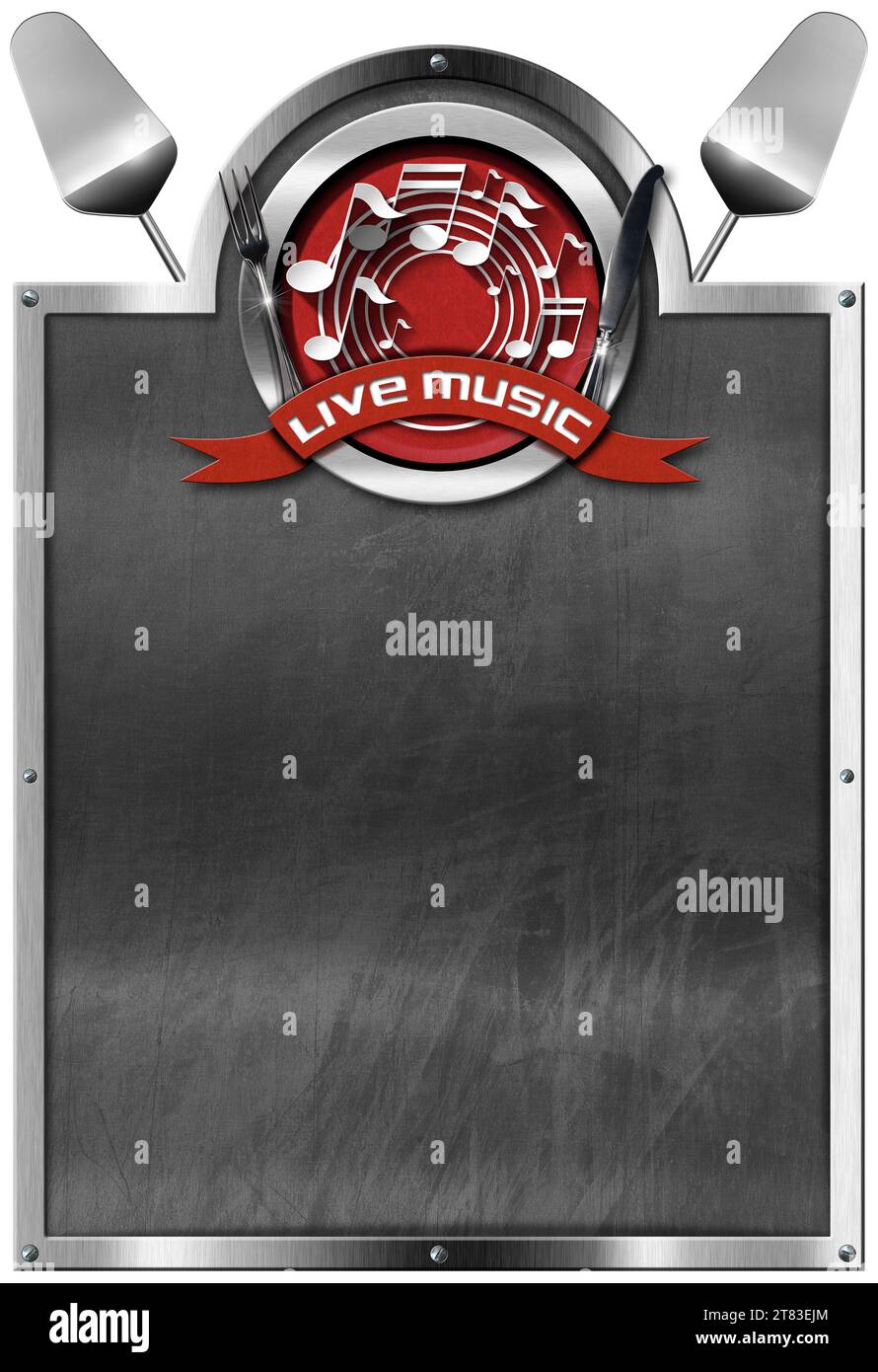 Modello per menu di cibi e bevande ed eventi musicali, lavagna vuota con cornice in metallo, note musicali, utensili da cucina e spazio fotocopie, isolata su di esso Foto Stock
