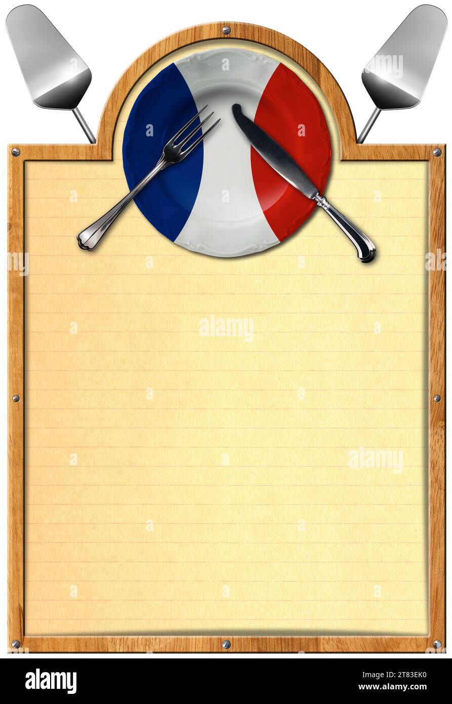 Modello per il menu di un ristorante francese. Piatto vuoto con bandiera francese e posate in argento su un foglio bianco di carta foderata con spazio per le copie e Wo Foto Stock