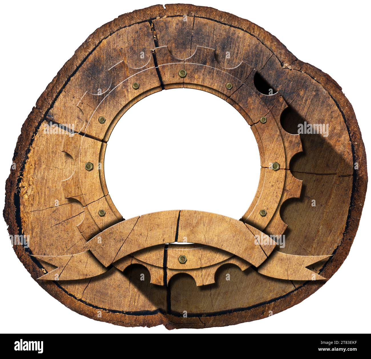 Ruota dentata di legno vuota (ingranaggio) con nastro di legno vuoto e spazio per la copia sopra una sezione trasversale di un tronco di albero. Isolato su sfondo bianco. Modello. Foto Stock