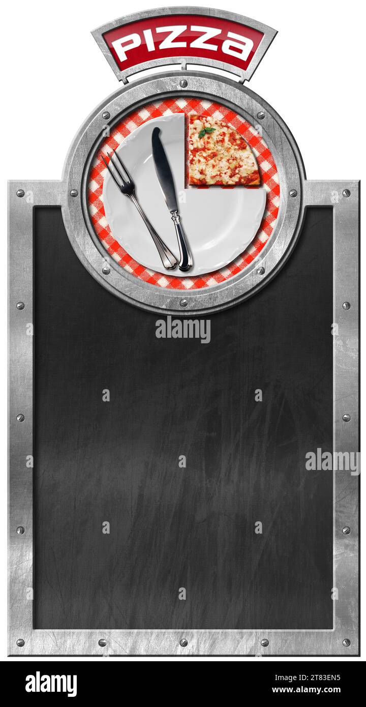 Modello per un menu Pizza. Lavagna vuota con telaio metallico, fetta di pizza, piatto vuoto con posate (forchetta e coltello), tovaglia a scacchi, isol Foto Stock