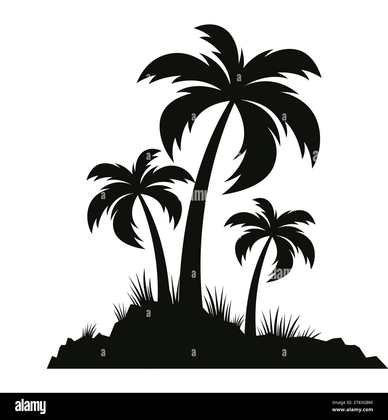 Palme nere isolate su sfondo bianco. Silhouette Palm. Illustrazione Vettoriale