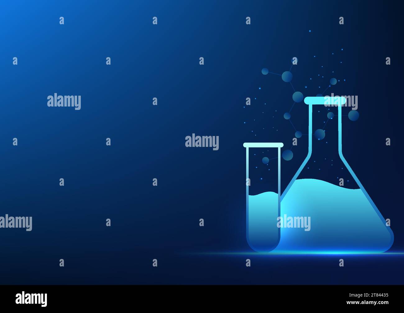Provetta e becher per test biotecnologici, struttura molecolare sul retro rappresenta ricerca e sperimentazione per creare prodotti vantaggiosi Illustrazione Vettoriale