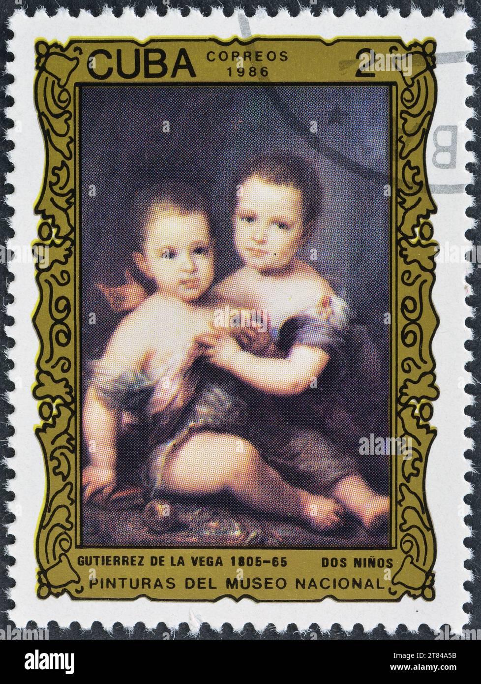 Francobollo cancellato stampato da Cuba, che mostra due bambini, Gutierrez de la Vega (1805-1865), dipinti del Museo Nazionale, circ Foto Stock