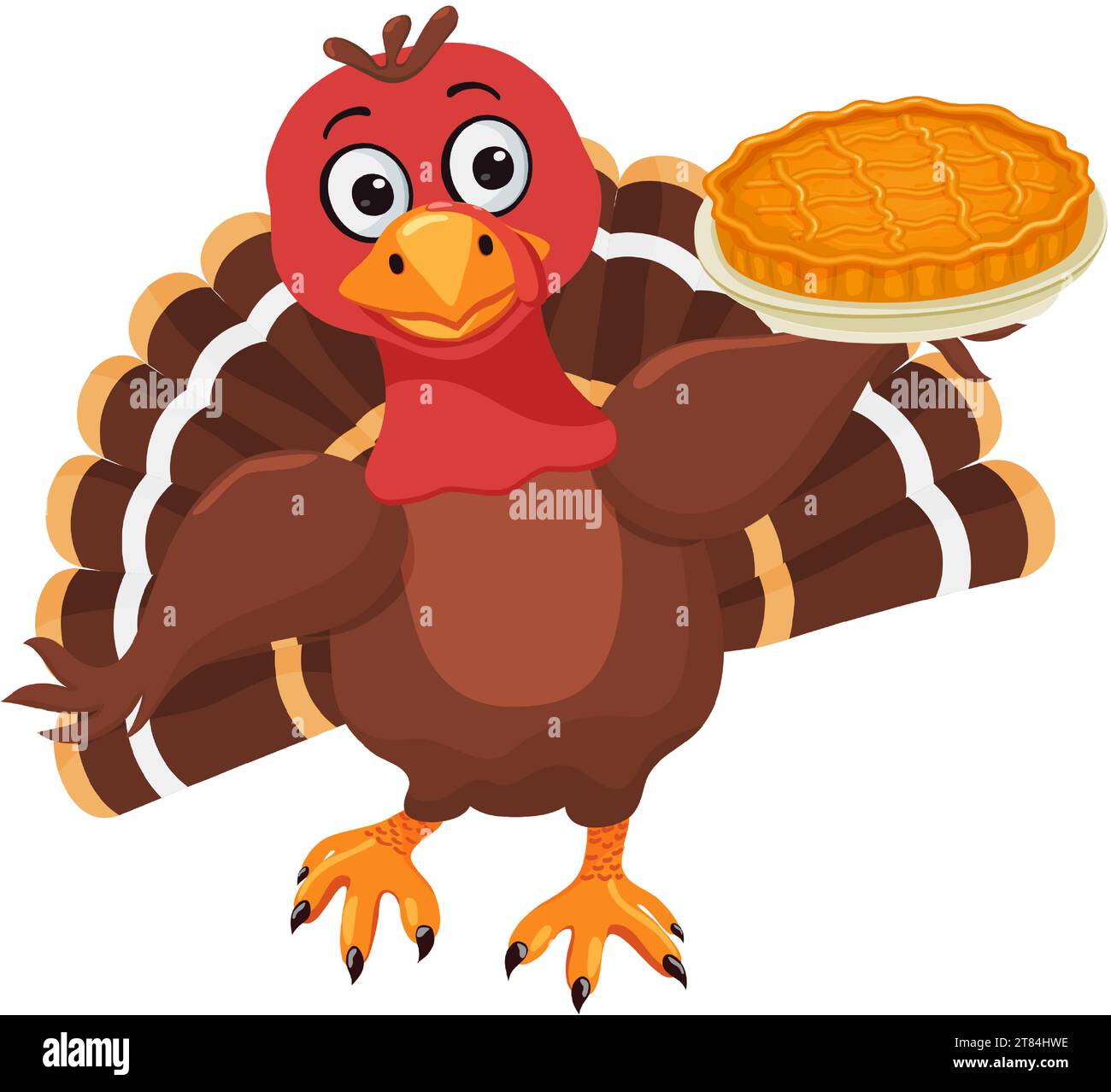 Divertente cartone animato con uccello di tacchino che tiene in mano la torta di zucca. Simbolo tradizionale americano e canadese del giorno del Ringraziamento. Simpatico personaggio. Clipart vettoriale. Vettore Illustrazione Vettoriale