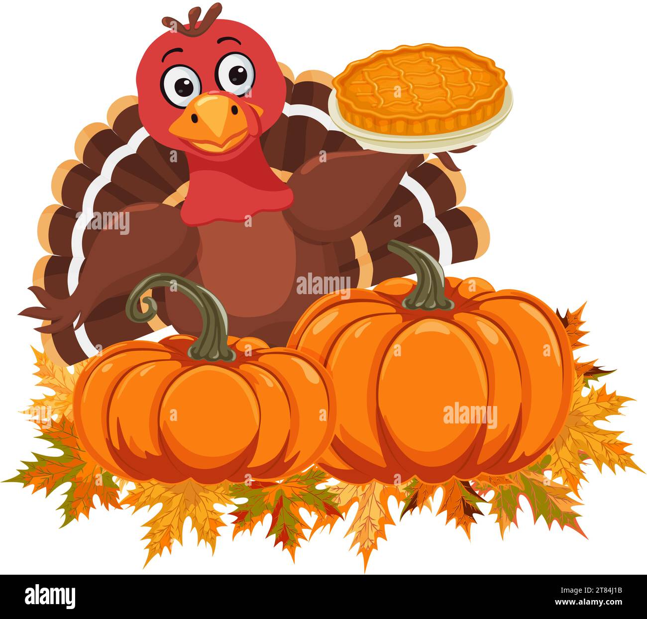 Un divertente uccello di tacchino con una torta nelle ali si trova vicino a una zucca sulle foglie autunnali. Tradizionale simbolo americano e canadese di Happy Thanksgiving da Illustrazione Vettoriale