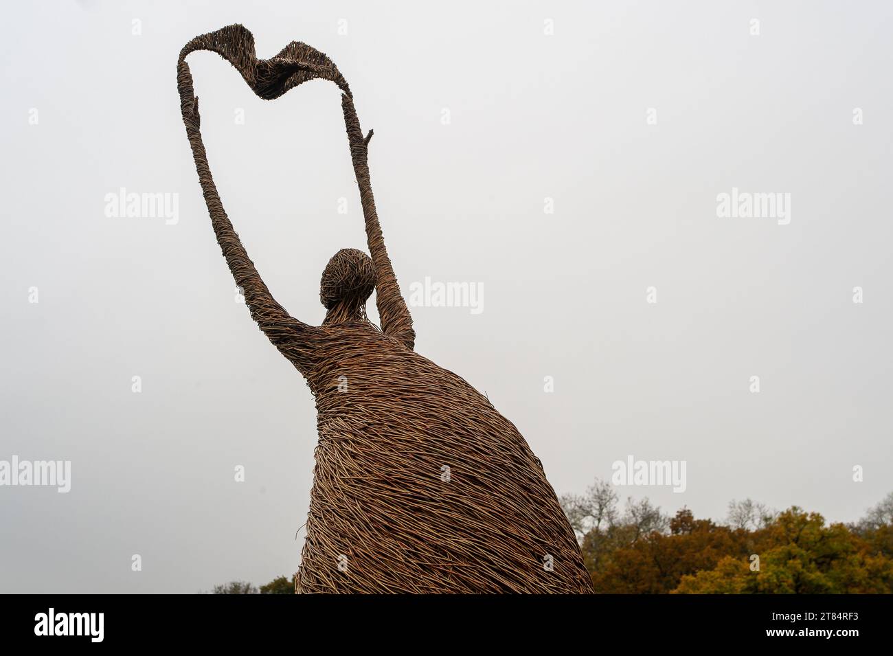 Egham, Regno Unito. 18 novembre 2023. Gli ultimi personaggi di salice dei Survivors realizzati dai Willow Twisters al National Trust di Egham, Surrey. I personaggi sono ispirati ai Gleaners, un dipinto ad olio di Jean-Francoise Millet. E' stato un altro giorno umido e drizzly oggi a Egham, Surrey Credit: Maureen McLean/Alamy Foto Stock