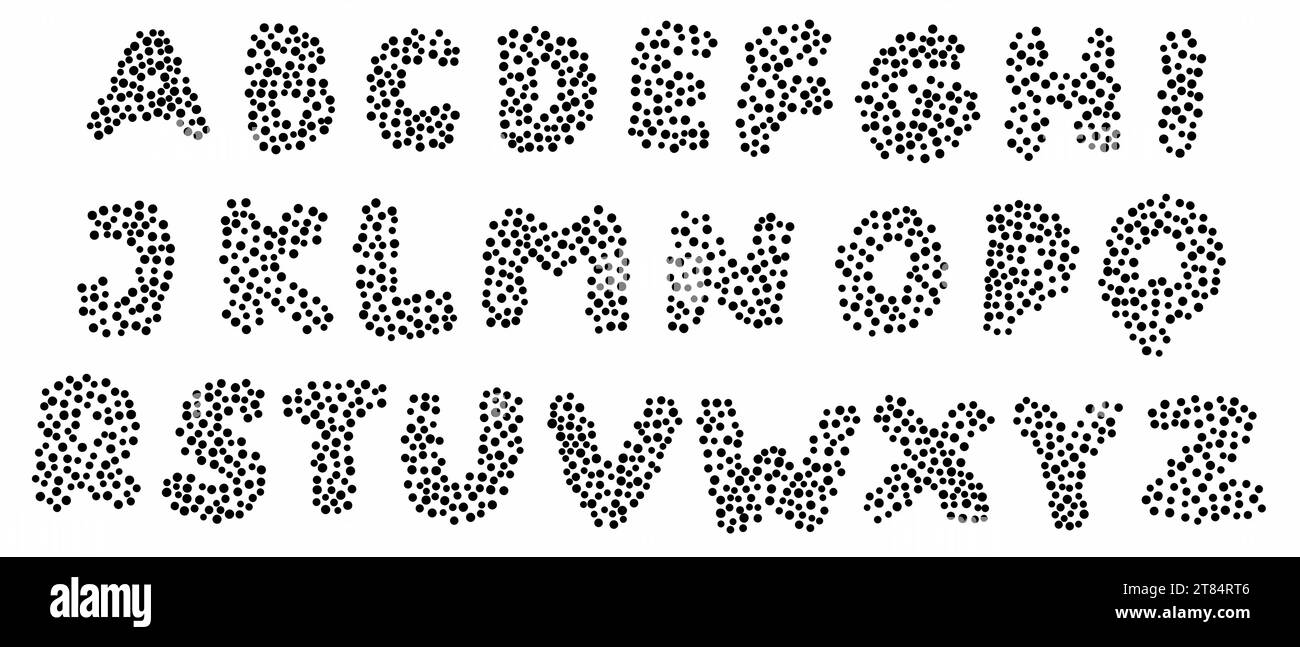 Alfabeto inglese nero abc caratteri latini Da A a Z e set di cifre da 0 a 9 composto da punti. Illustrazione vettoriale in stile doodle scritto a mano isolato su wh Illustrazione Vettoriale